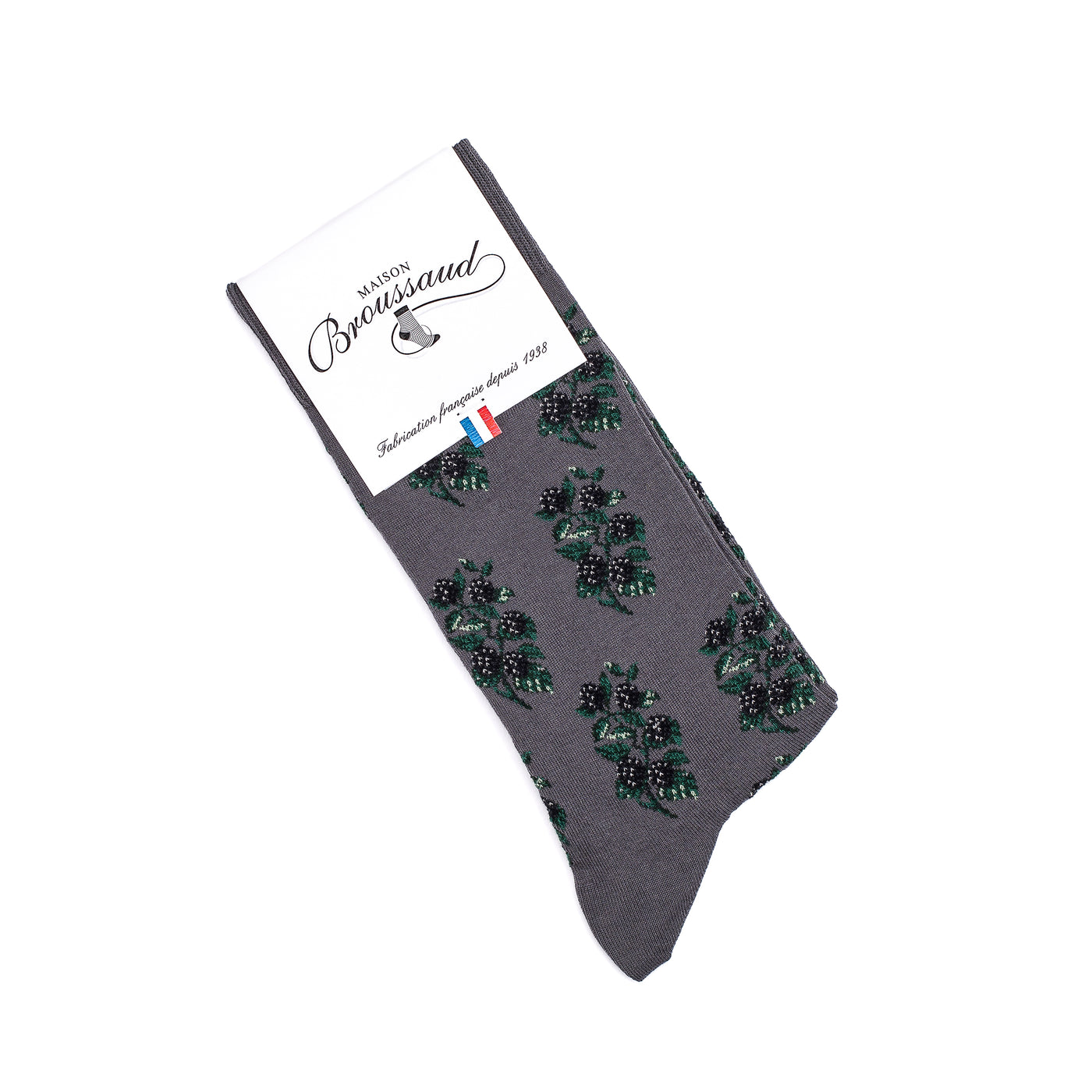 Chaussette homme haute gris foncé motif mûres vertes et noires avec packaging Maison Broussaud