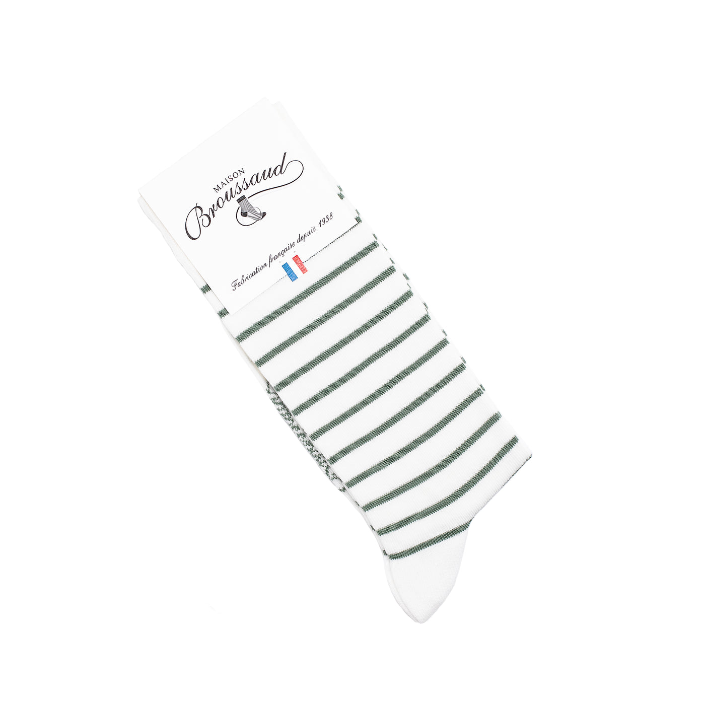 Chaussette homme mi-haute blanche à rayures vertes avec packaging Maison Broussaud.