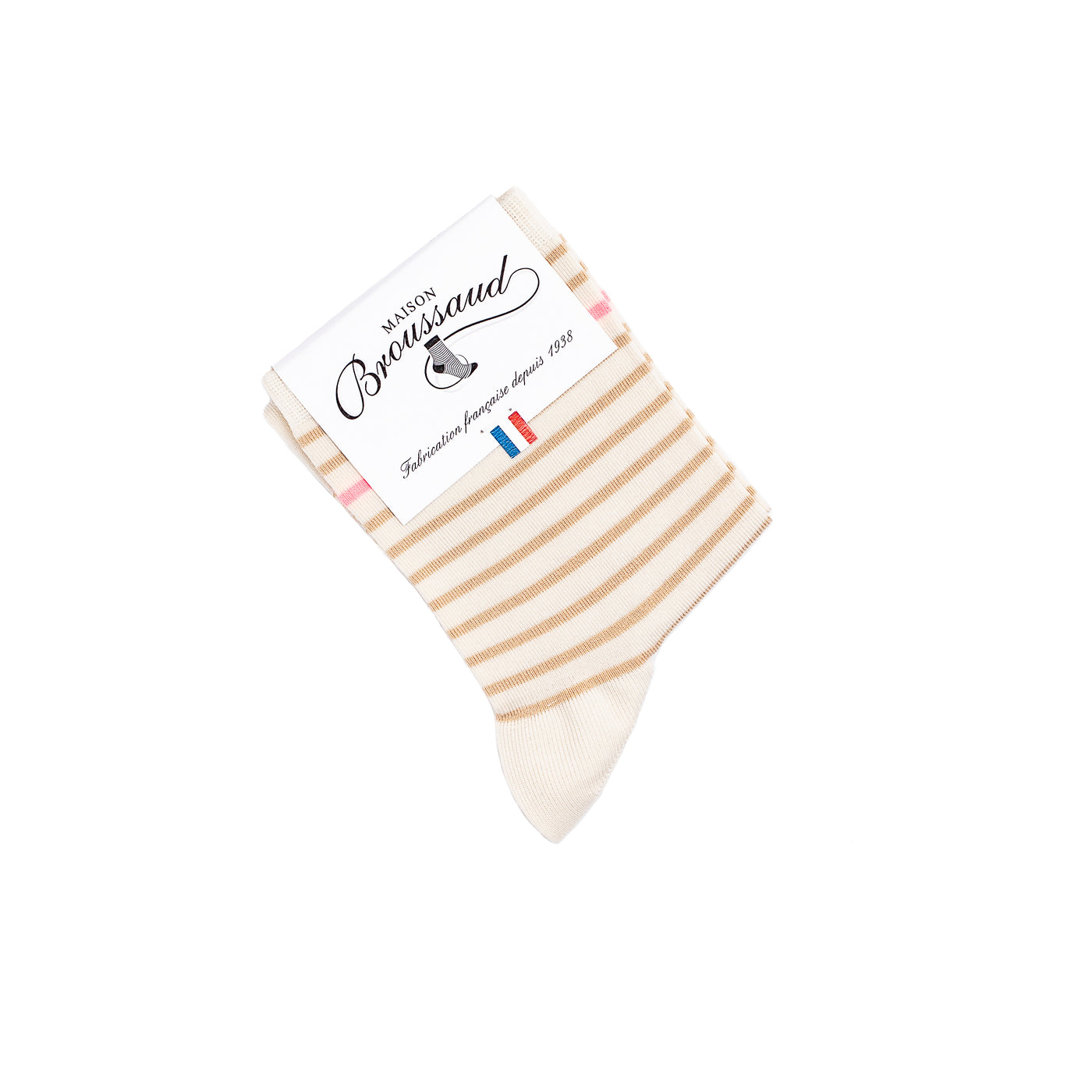 Chaussette femme mi-haute blanche à rayures beige et rose avec packaging Maison Broussaud.