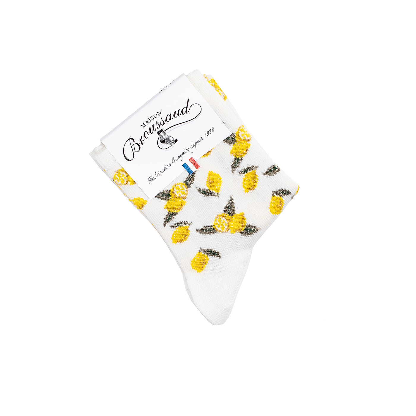 Chaussette femme moyenne blanche à motifs citrons jaunes et feuilles vertes avec packaging Maison Broussaud.