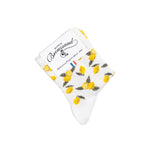 Chaussette femme moyenne blanche à motifs citrons jaunes et feuilles vertes avec packaging Maison Broussaud.