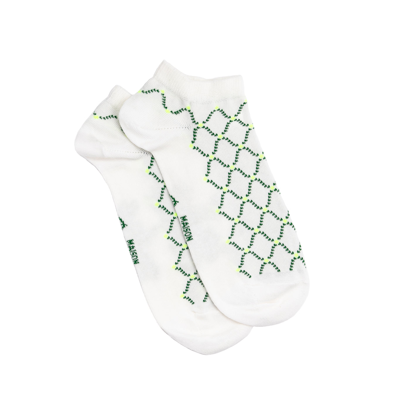 Paire de chaussettes invisibles basses blanches à motifs verts géométriques, présentées à plat.