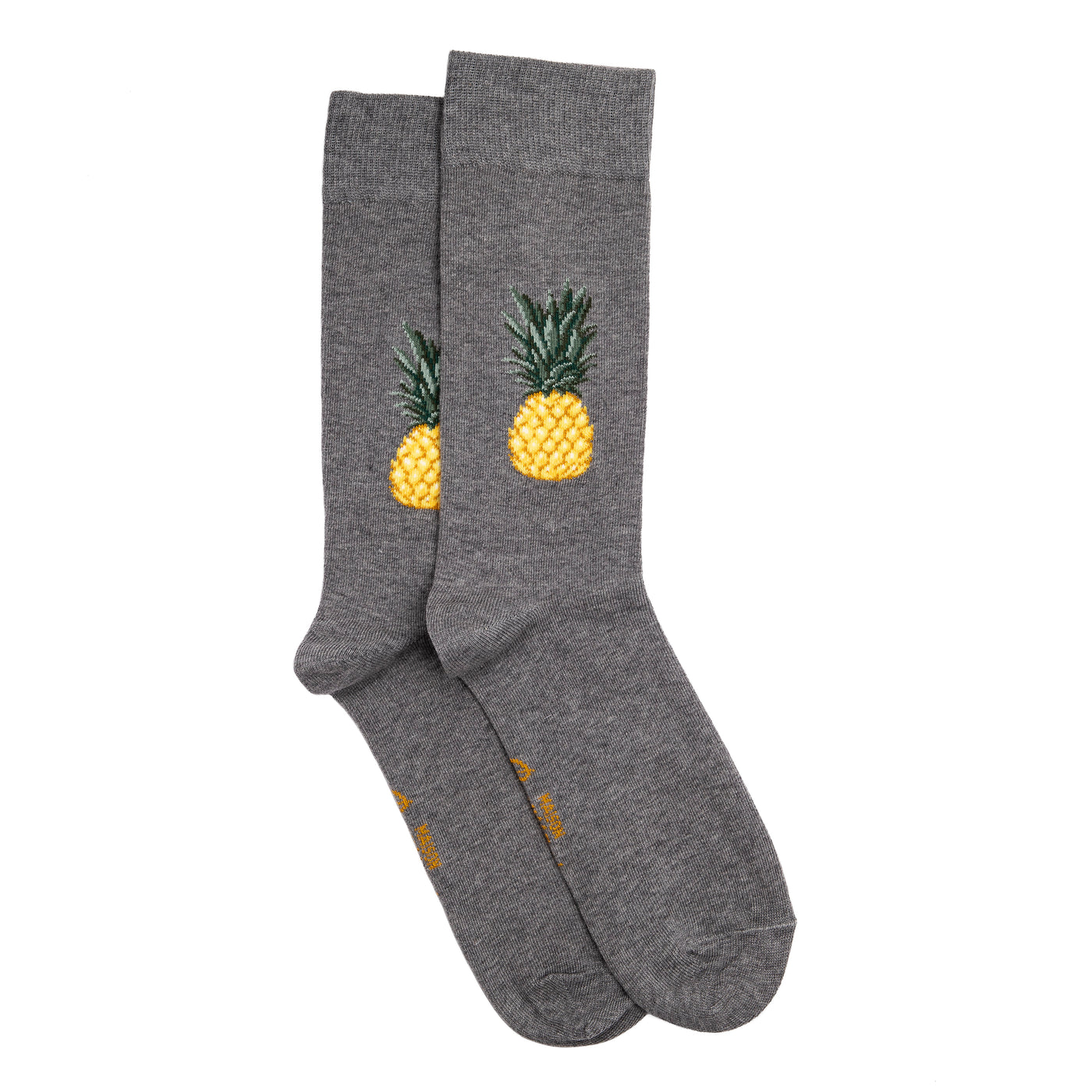 Paire de chaussettes grises unies avec broderie ananas jaune, fantaisie pour homme, présentées à plat.