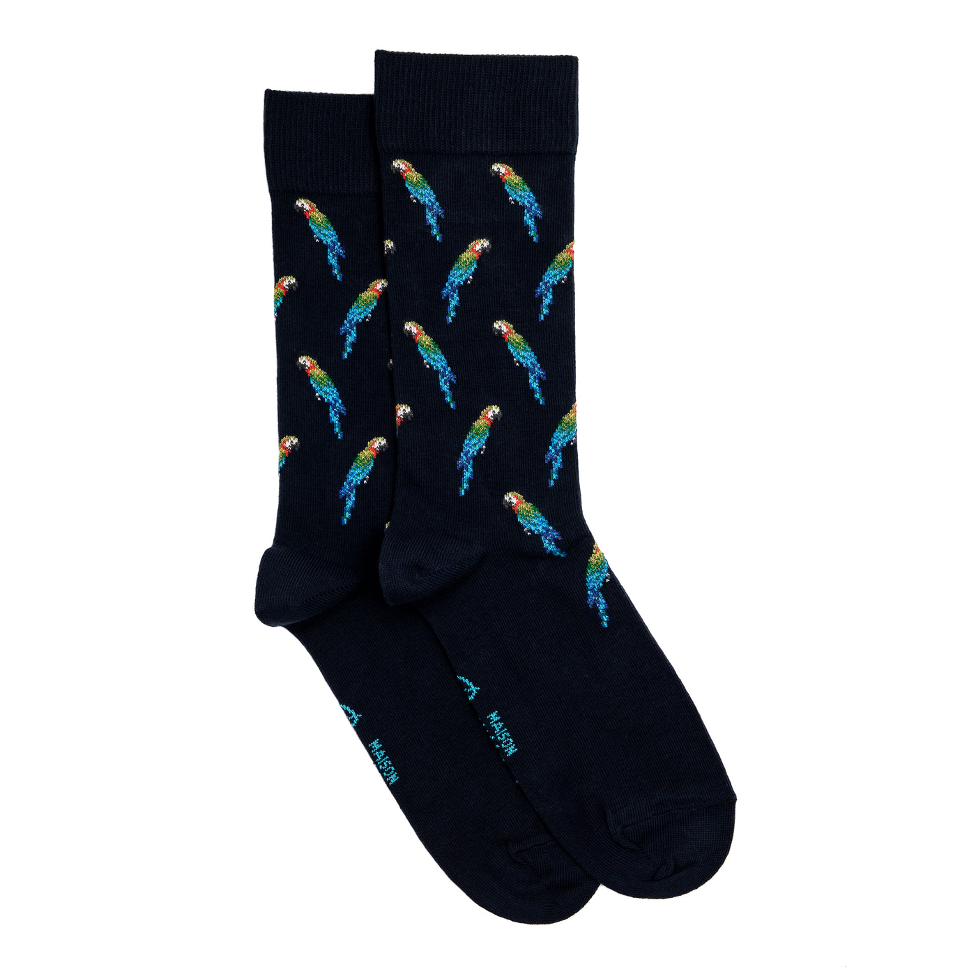 Paire de chaussettes homme mi-hautes bleu marine motif perroquets multicolores.