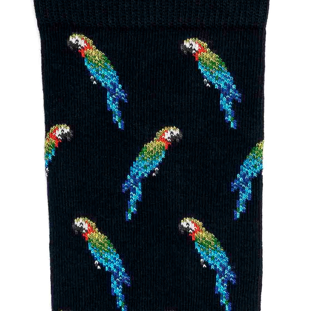 Détail motif perroquet sur chaussette homme mi-haute bleu marine.