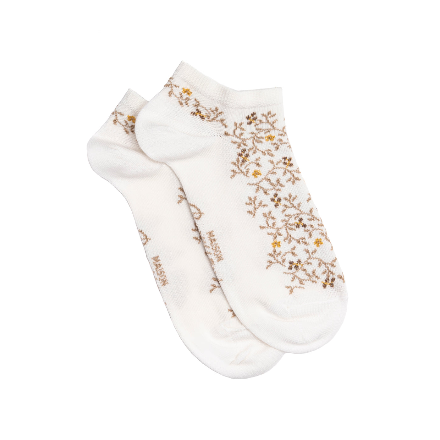 Paire de chaussettes femme courtes beiges à motifs oiseaux marron et branches vertes, présentées à plat.