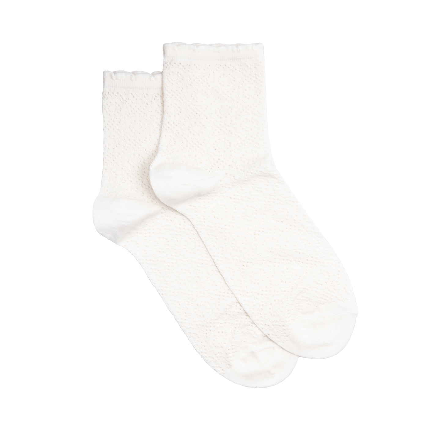 Paire de chaussettes femme courtes blanches en dentelle fantaisie, présentées à plat.