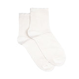 Paire de chaussettes femme courtes blanches en dentelle fantaisie, présentées à plat.