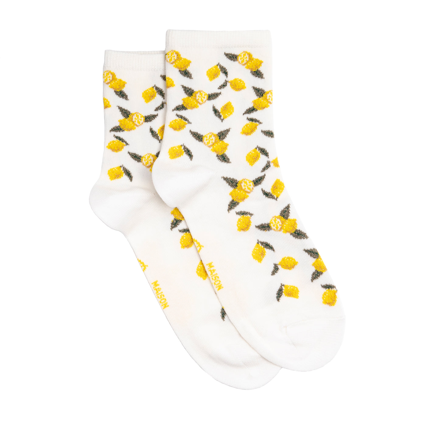 Paire de chaussettes femme moyennes blanches à motifs citrons jaunes et feuilles vertes, présentées à plat.
