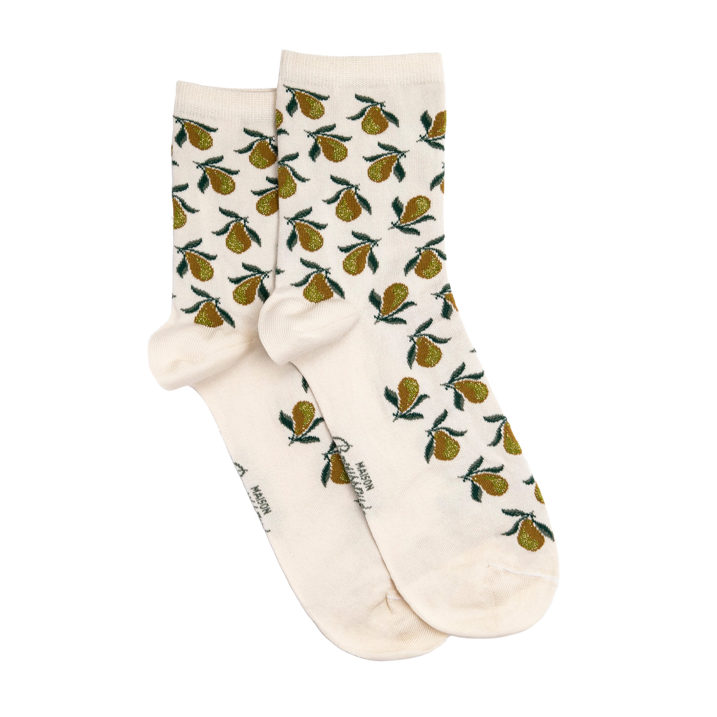 Paire de chaussettes femme courtes écrues à motifs poires vertes et dorées, présentées à plat.